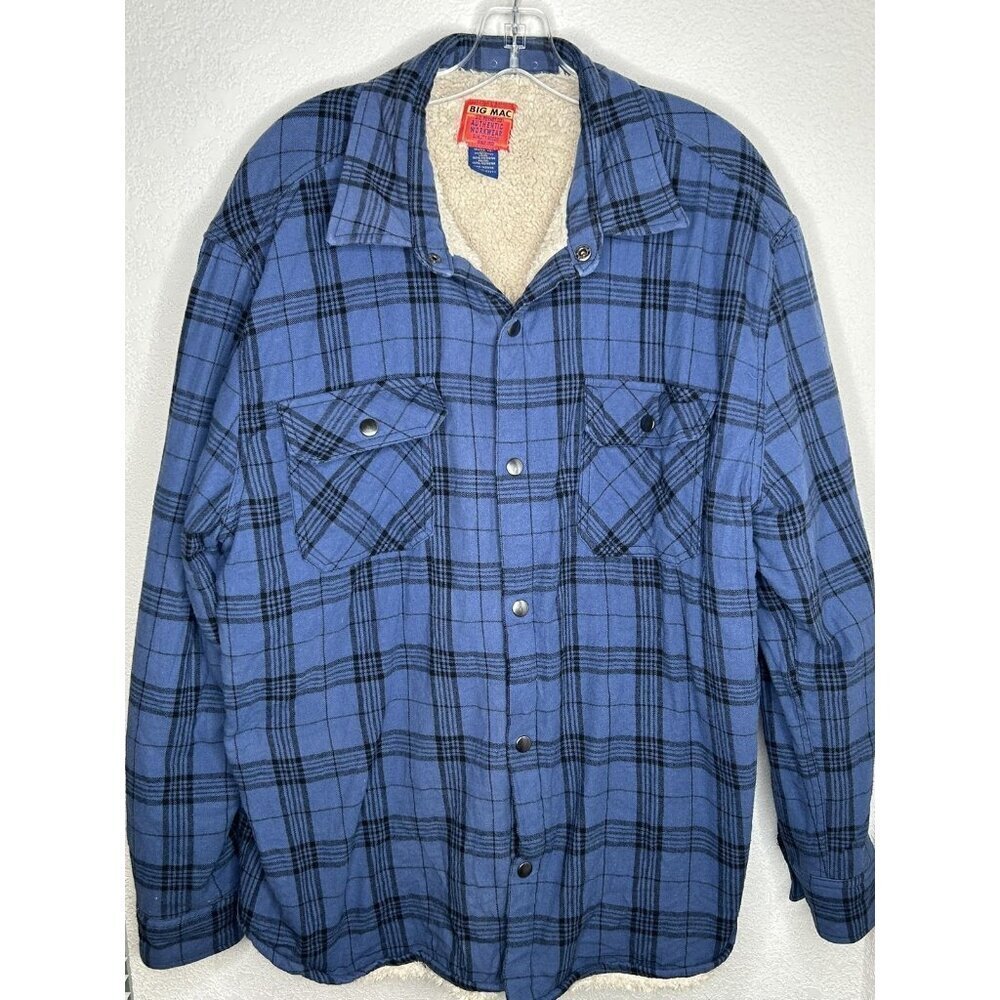 Big Mac Shirt Jacket Mens XL Blue Plaid Sherpa Lined Flannel Workwear Warm